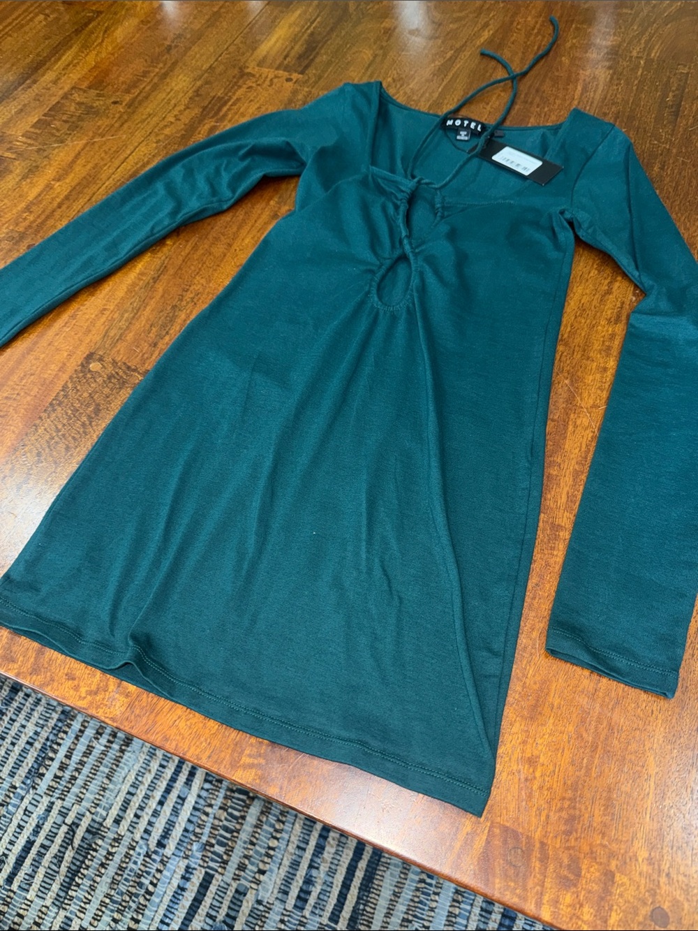 NWT Motel Rocks Teal Long Sleeve Tie-Front Mini Dress - Picture 5 of 11